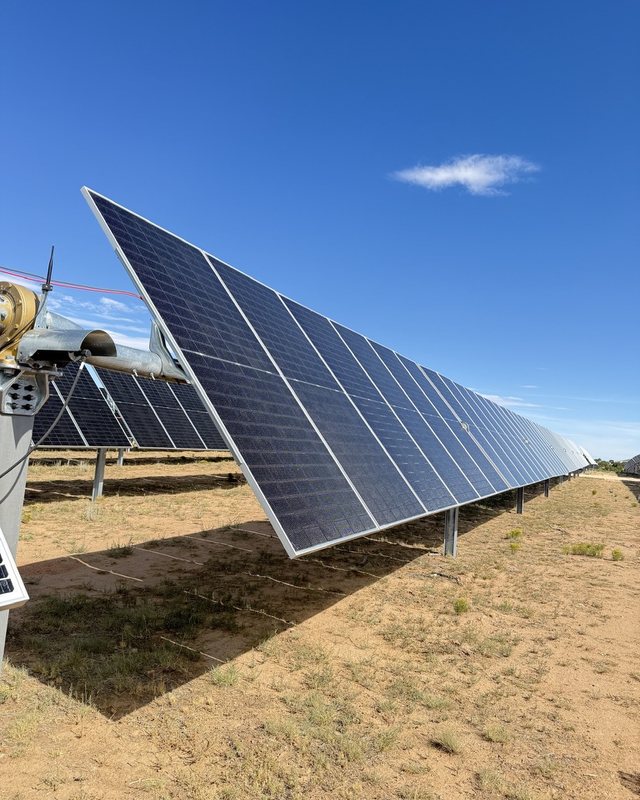 Rows of solar panels at a community solar farm under a blue sky